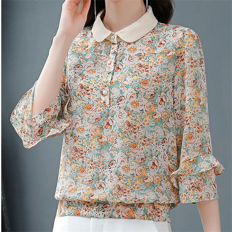 Блузка шифоновая Женская с цветочным принтом и 3/4 рукавом летняя оборками