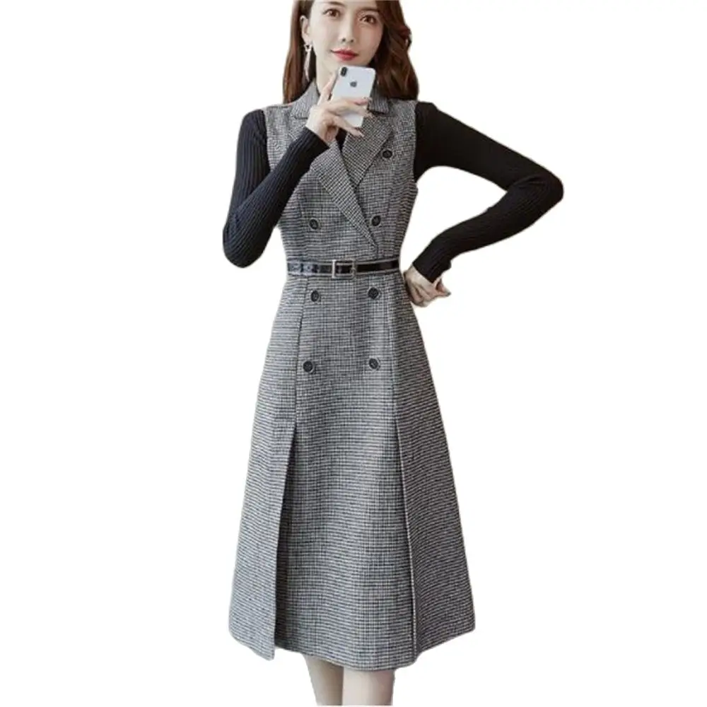 

Double-Breasted Split Ol Tweed Plaid Midi Dress With Belted Robe Slim Gown Autumn Dresses Houndstooth Sleeveless Notched Collar