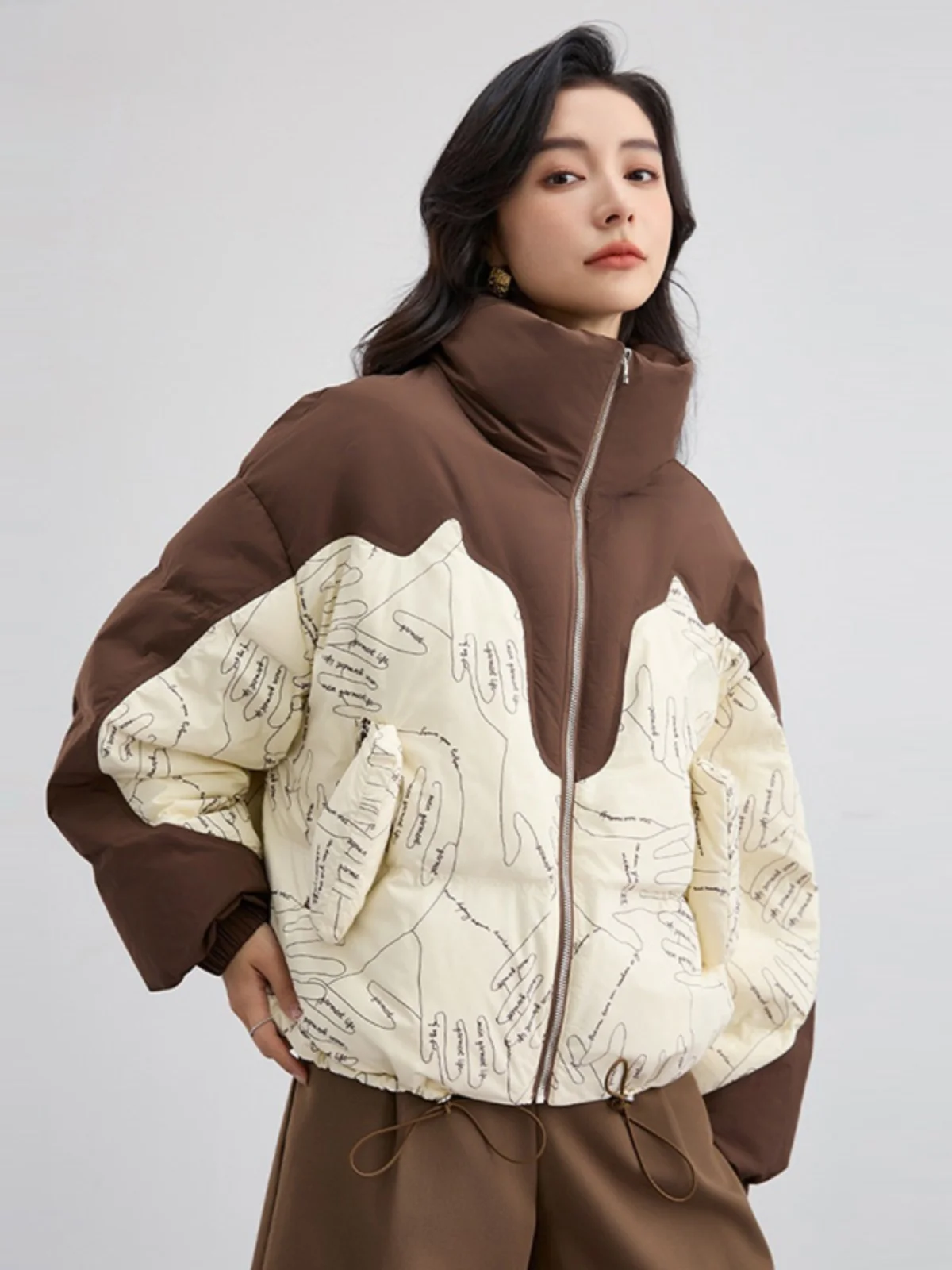 2024 новый зимний короткий пуховик женский контрастный цвет лоскутный