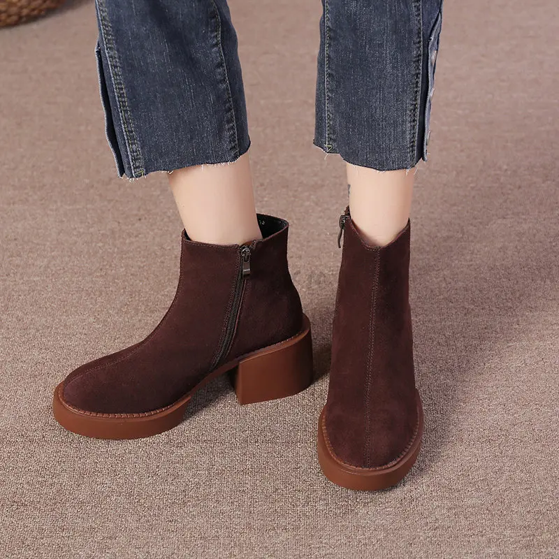2023 Thick Heels Women Ankle Boots Mature Concise Cow Suede Leather Shoes Woman Autumn Winter Office Ladies Casual Classic