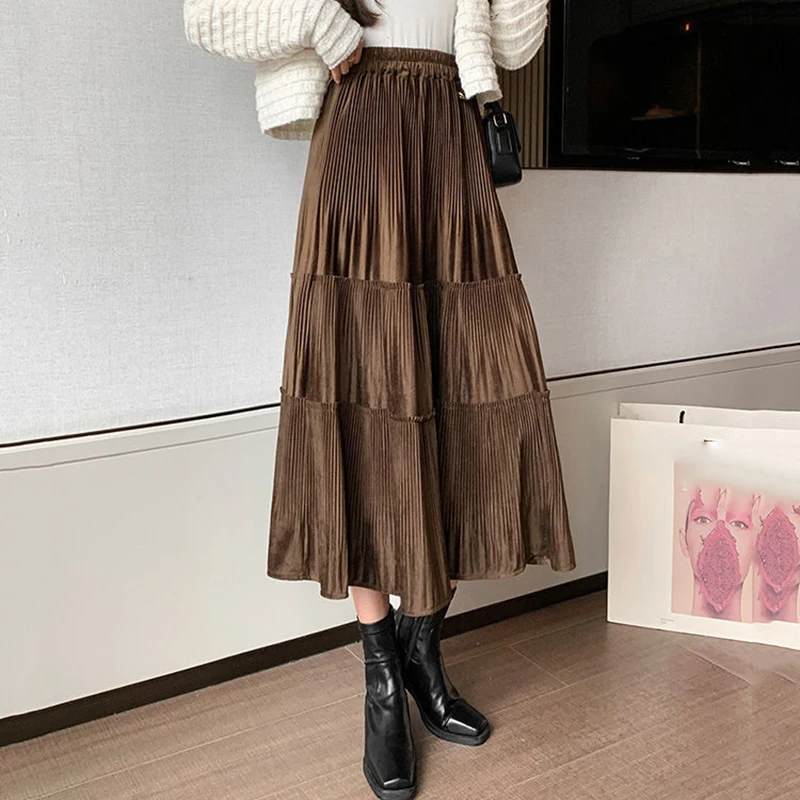 

Vintage Brown Gold Velour Long Skirts Woman 2023 Autumn Elastic High Waisted Midi Skirts Female Fashion Pleated A Line Skirt New