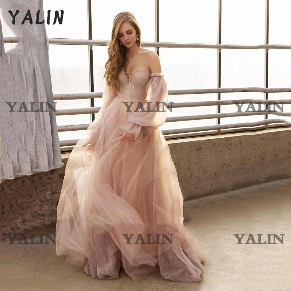 

YALIN Off The Shoulder Long Sleeves Evening Gown Sweep Train Pleated A-Line Party Dresses Dusty Pink Princess Tulle Prom Dress