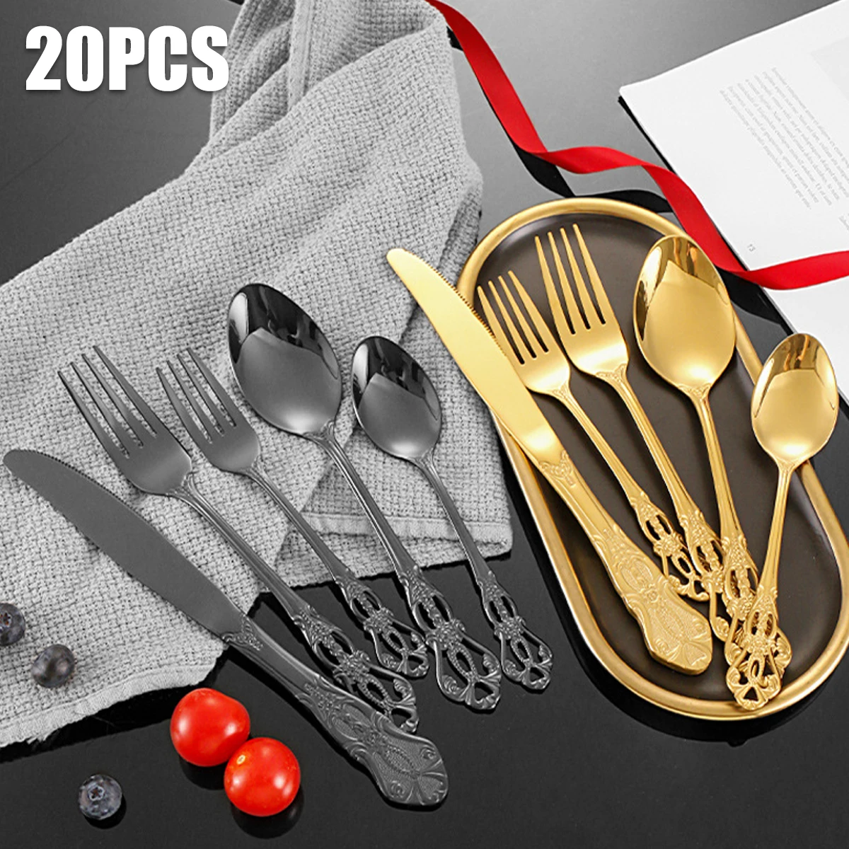 

20Pcs Flatware Set Stainless Steel Silverware Set Retro Royal Western Tableware Cutlery Set with Cutter Spoon Fork Anti-Rust