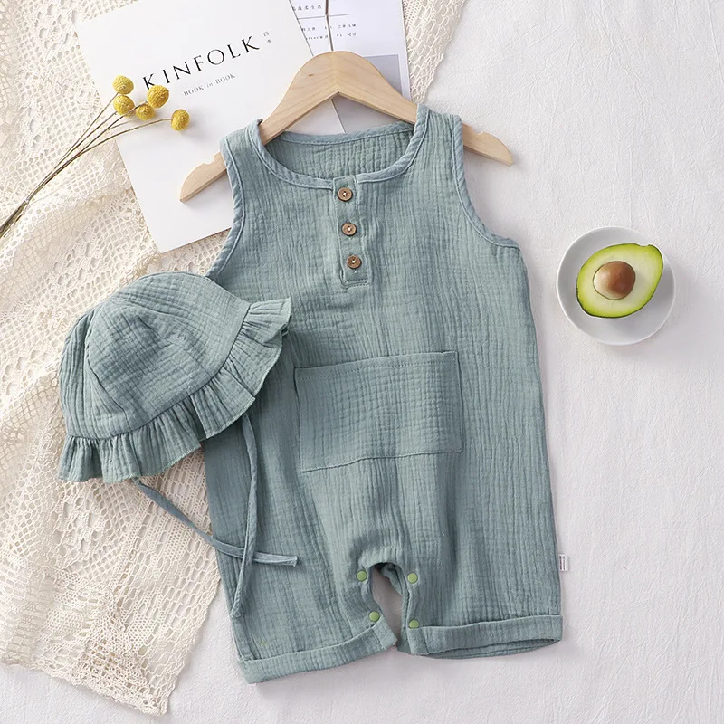 Baby Clothes 100% Cotton Gauze Waffle Romper+Cap Set Summer Pijamas Macacão Infantil Jumpsuit Mamelucos Roupao Bebe Classic