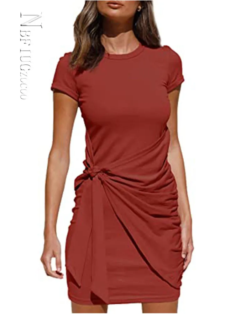 

Women Bodycon Mini Dress Summer Short Sleeve Round Neck Female Sheath Dresses