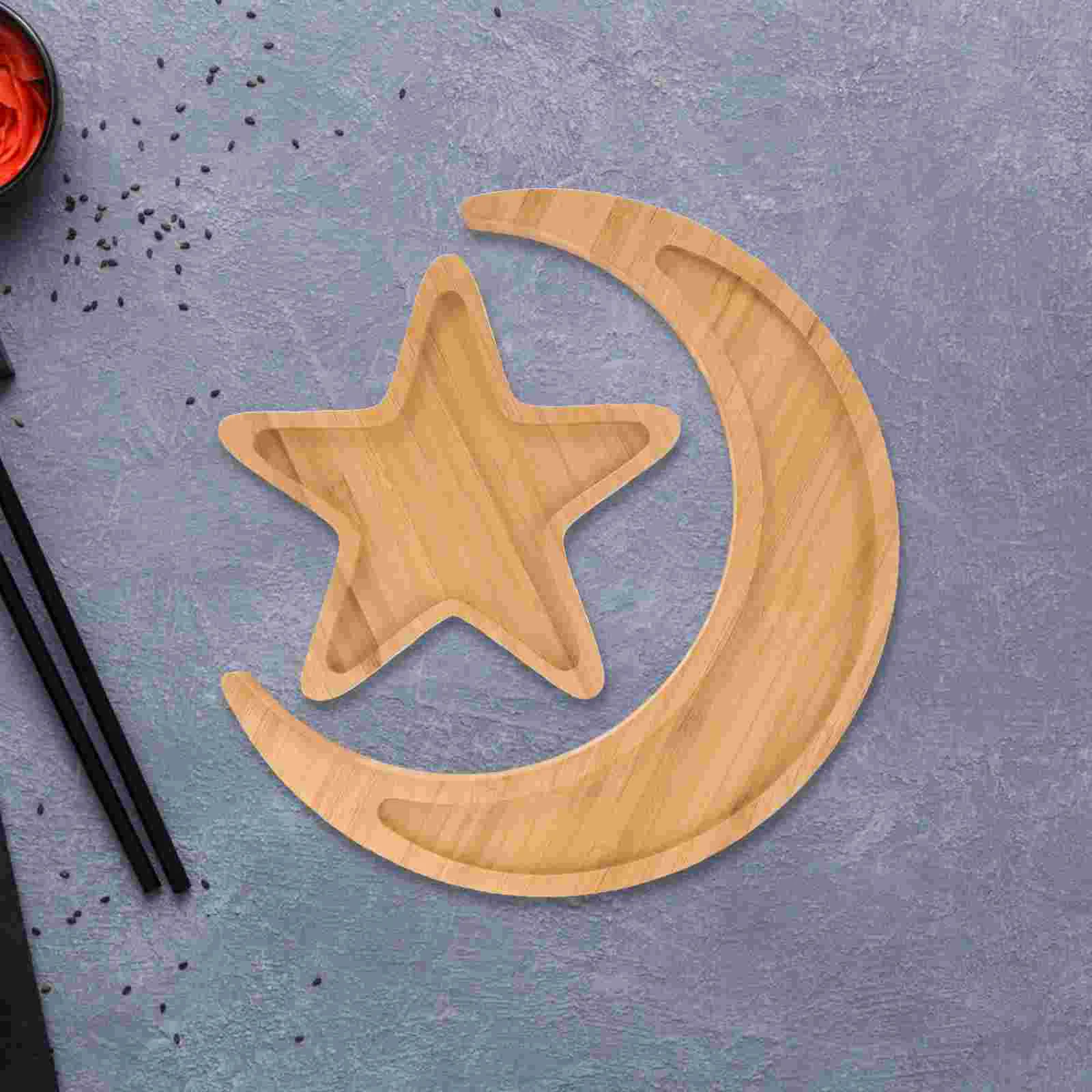 

2pcs Bamboo Snack Plate Desktop Snack Fruit Tray Moon Star Bread Plate Dessert Tray