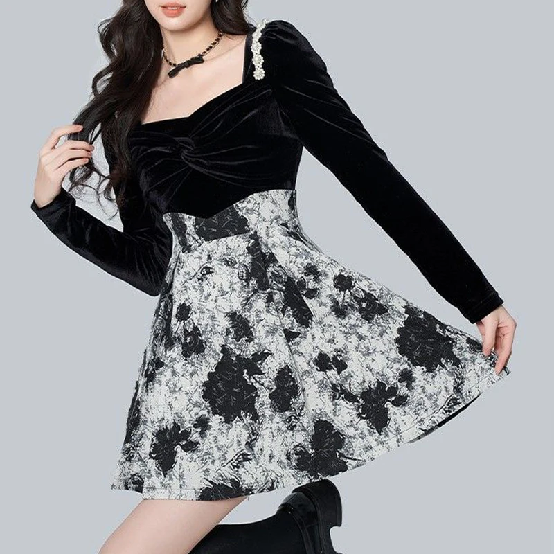 

Vintage High Waist 2023 Spring Women Gothic Black dresses y2K Chic Long Sleeve Velvet Dress Birthday Party Club Evening Dress