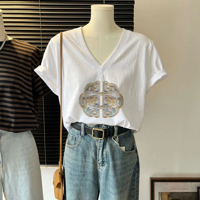 Американская винтажная хлопковая Футболка с V-образным вырезом и коротким