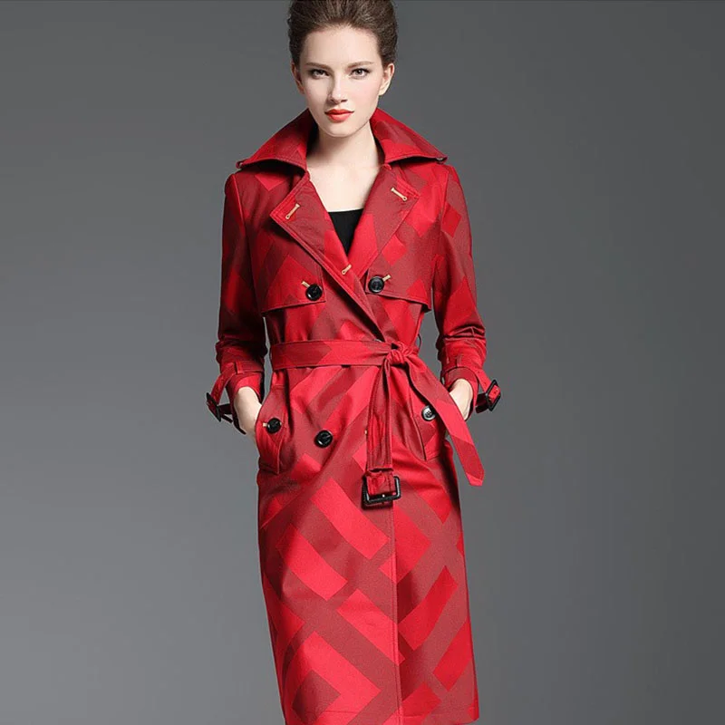 

Overcoat Women's Trench Spring Autumn Women's Quality Long Plaid Pattern Belt Button Waist Slim Coat Female Red Lapel Trench