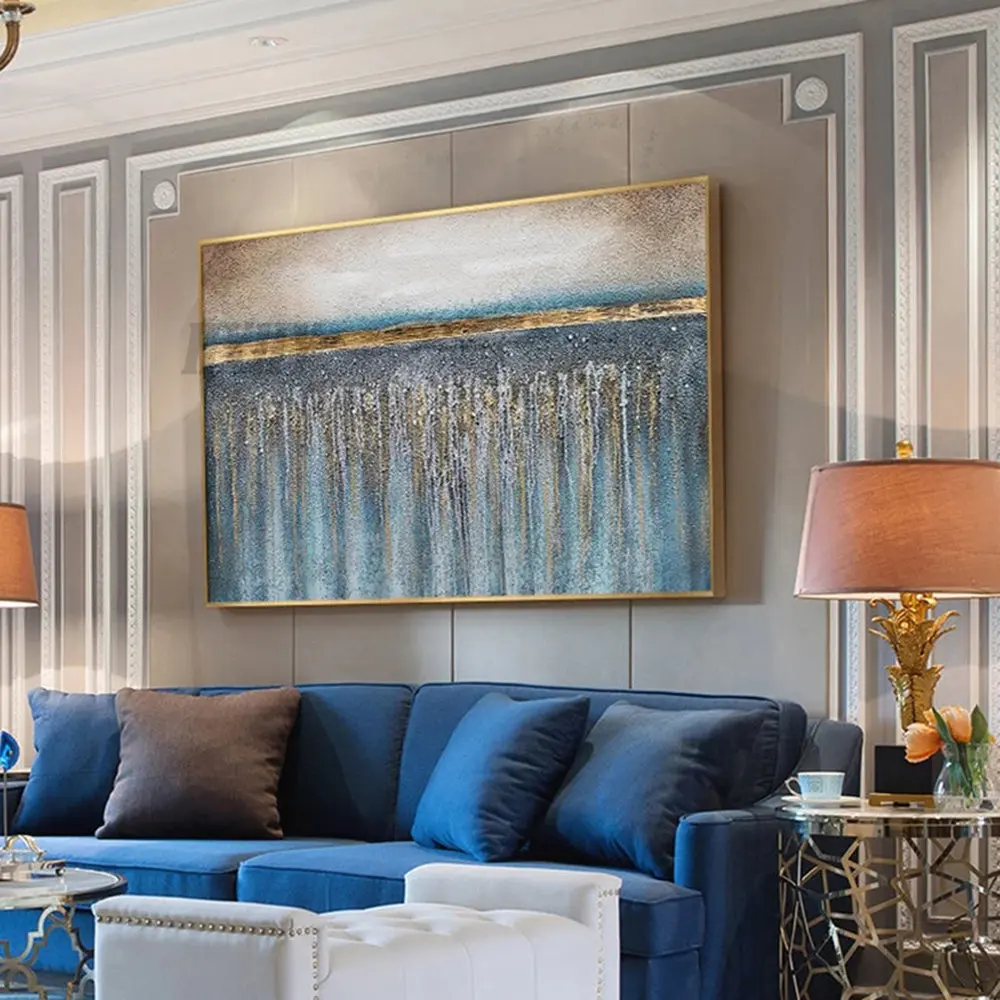 

Hand-Painted Blue & Gold Oil Painting On Canvas Gold Foil Flowing Large Oil Painting Abstract Wall Art Spring Wall Decor