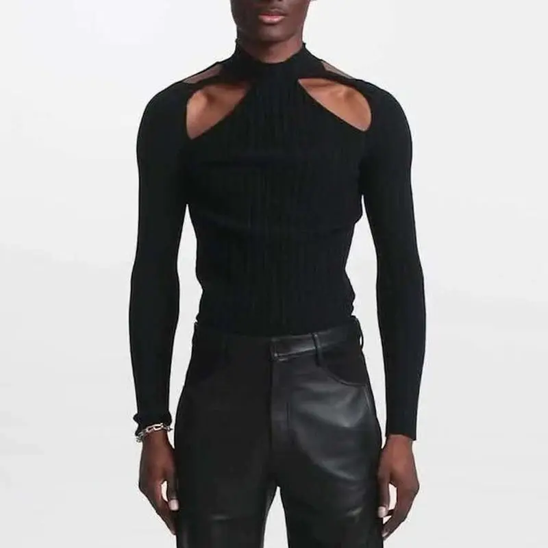 

Slim sexy black long sleeve T-shirt men's fashion solid color hollow out