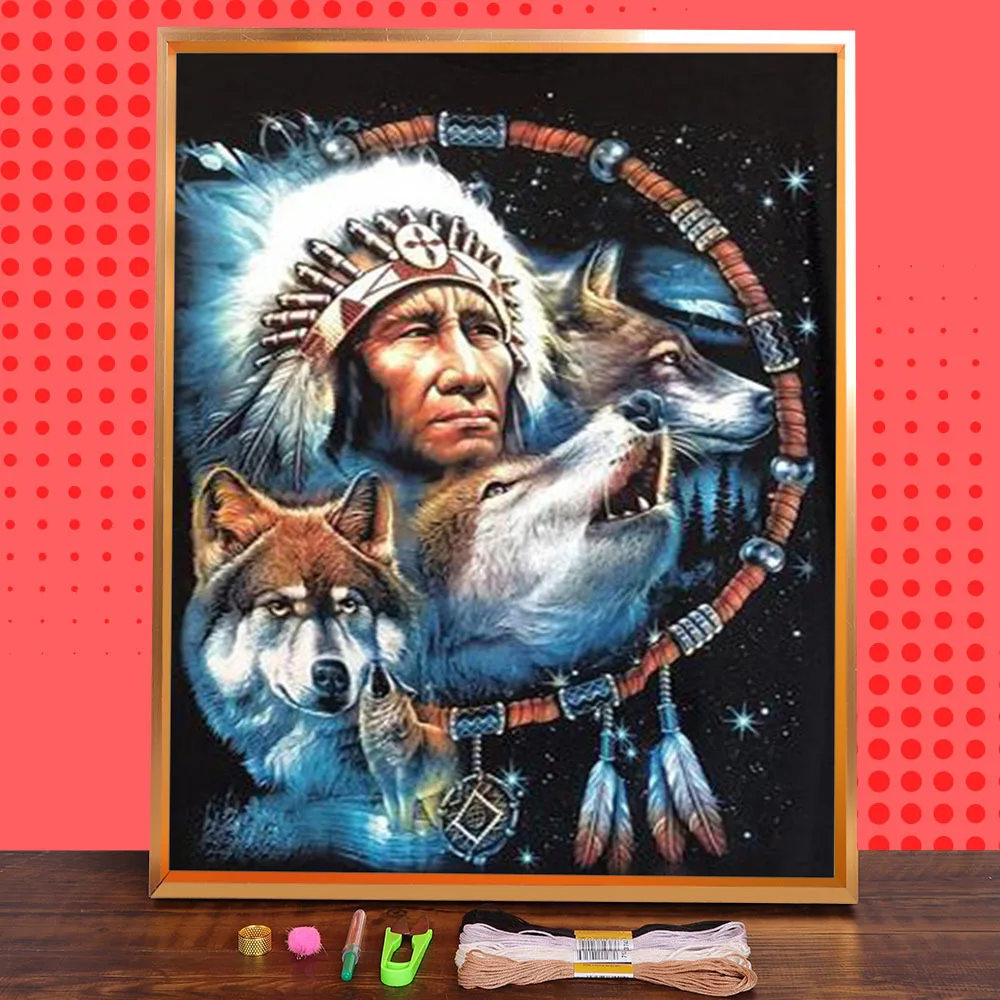 

Indian Wolf Animal Printed Canvas 11CT Cross Stitch Complete Kit Embroidery DMC Threads Handmade Handicraft Mulina