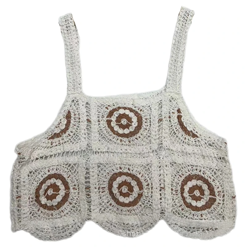 

Women Ethnic Hollow Crochet Sleeveless Camisole Knitted Plaid Circle Flower Pattern Loose Crop Top Wave Hem Beach Cover Up Sling