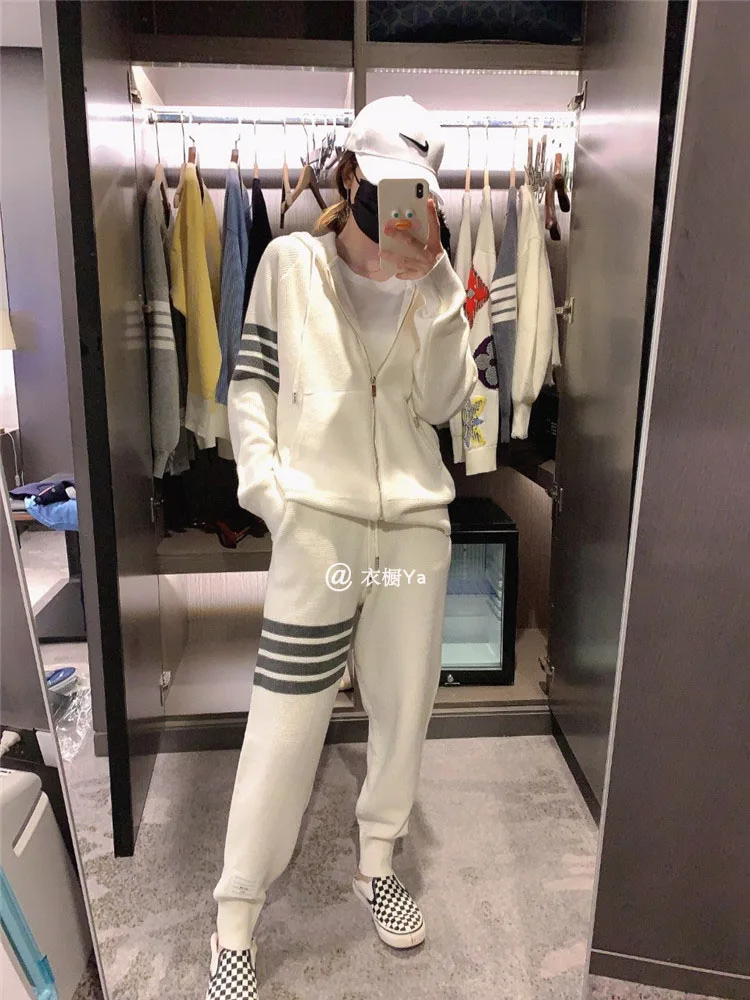 

Spring TB College Style Waffle Striped Knitted Sweater Zipper Hoodie Loose Casual Pencil Pants Sweatpants