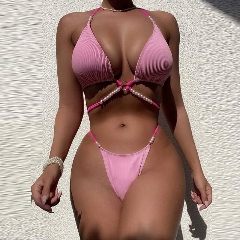 

Женские милые купальники с лямкой на шее, пикантные однотонные купальники с вырезами, бикини, новый модный праздничный пляжный костюм с отк...