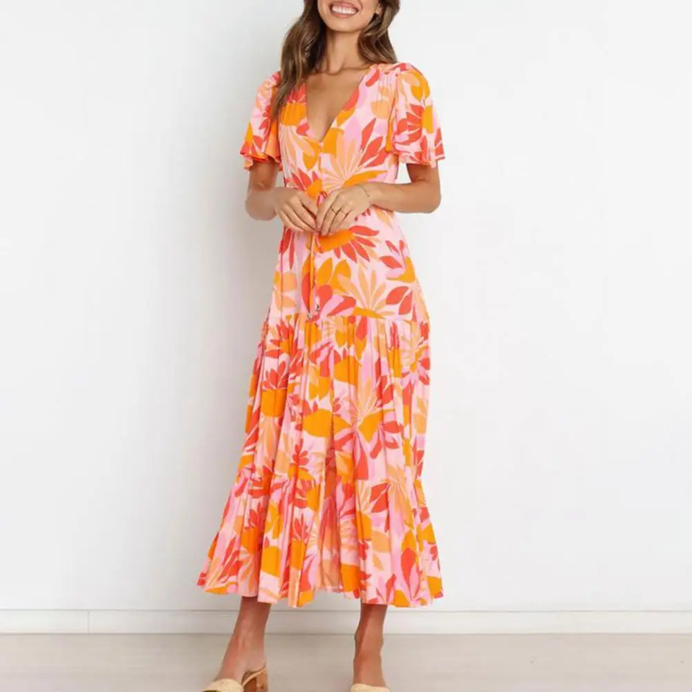 

2022 Women Dress Deep V Neck Short Sleeve Polyester Flower Print Beach Maxi Dress for Vacation