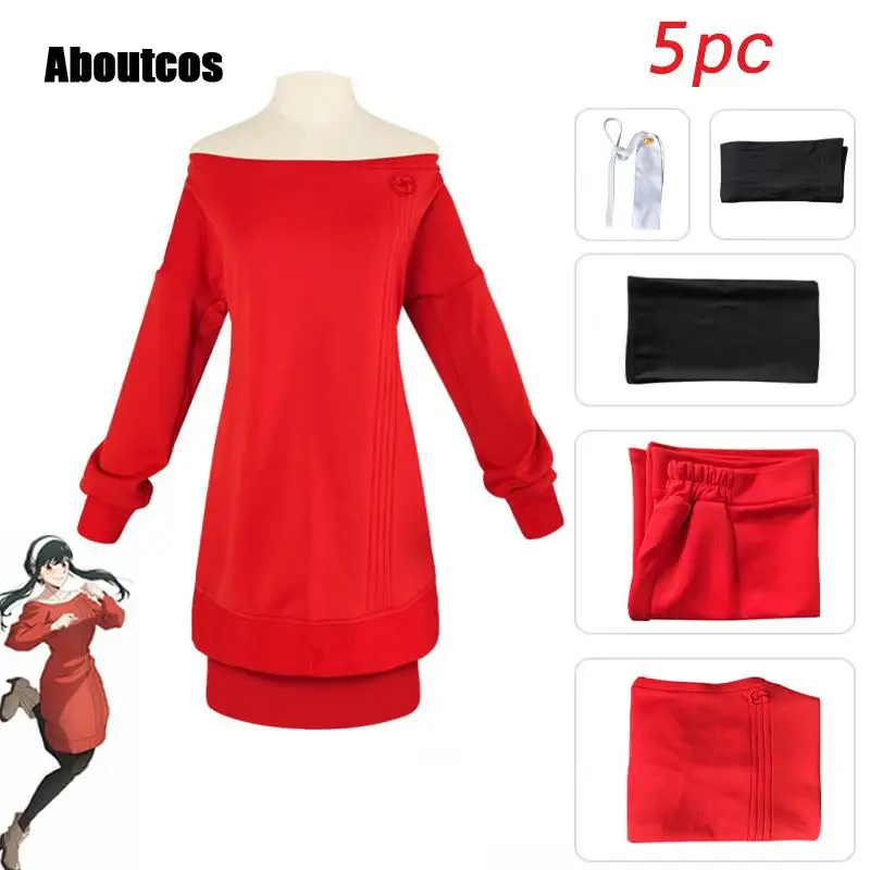 

Aboutcos Manga SPY×FAMILY Cosplay Yor Forger Anime Knitted Sweater 5PC Skirt With Sock Cosplay Costume Women Casual Wear Red