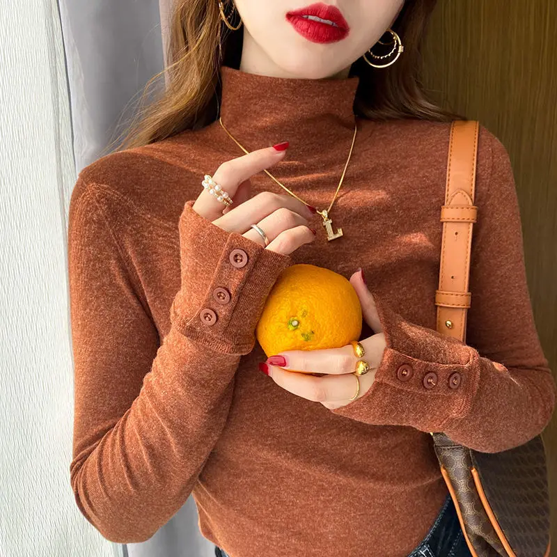 

Women Solid Color T Shirts Female Long Sleeve Fashion Knitting Half High Collar Pullover Ladies Slim Basic Tops Clothes G192