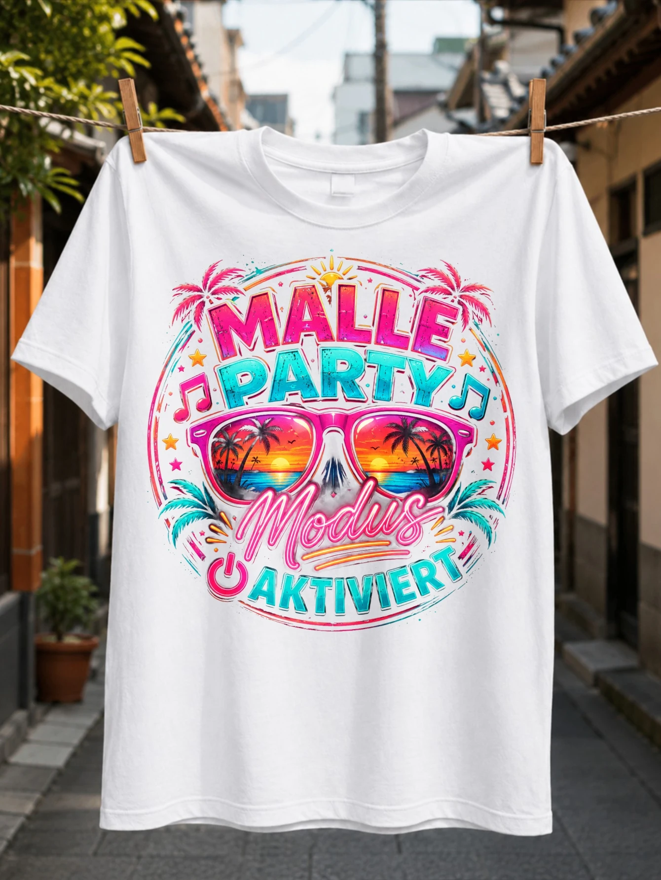 Фото Футболка German Malle Party Modus Aktiviert Neon Round Sunset с изображением пальм, музыкальных нот и тропического ландшафта, унисекс. №1