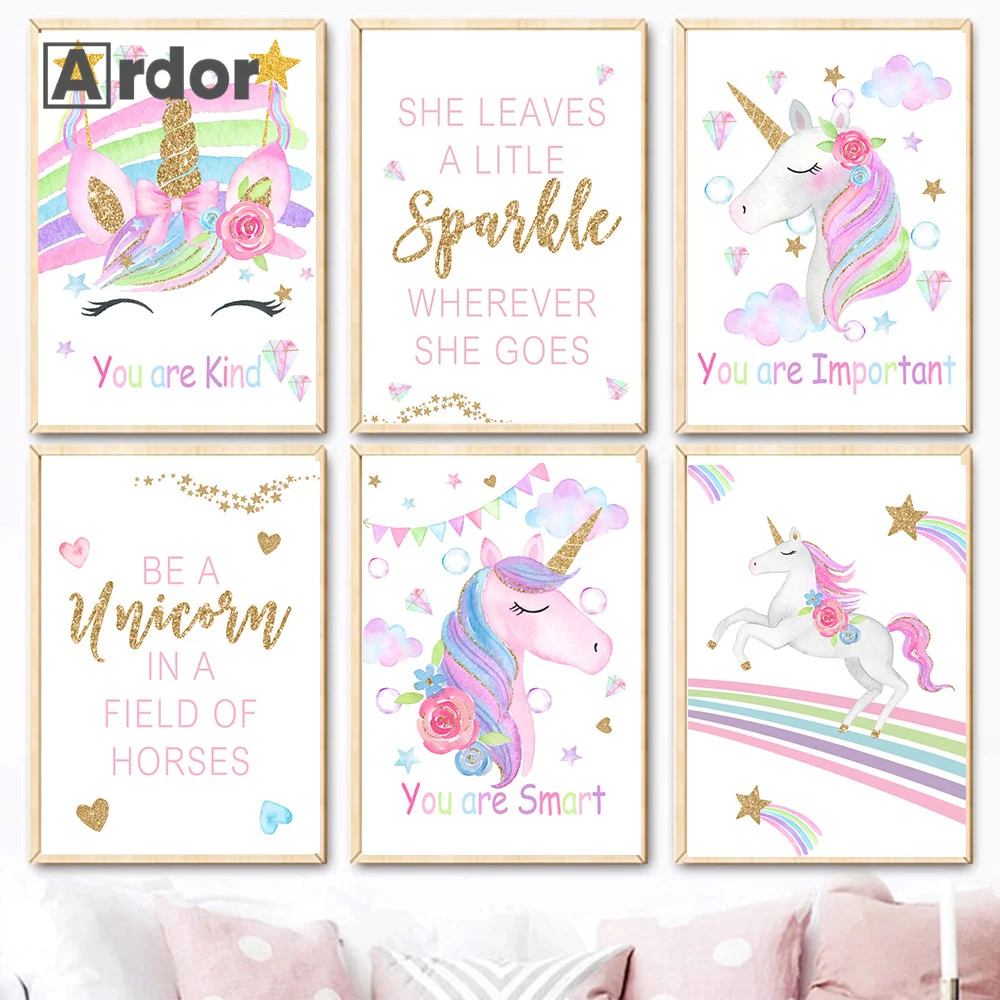 

Custom Name Art Poster Cloud Rainbow Unicorn Canvas Painting Star Moon Print Nursery Wall Art Pictures Baby Girl Room Home Decor