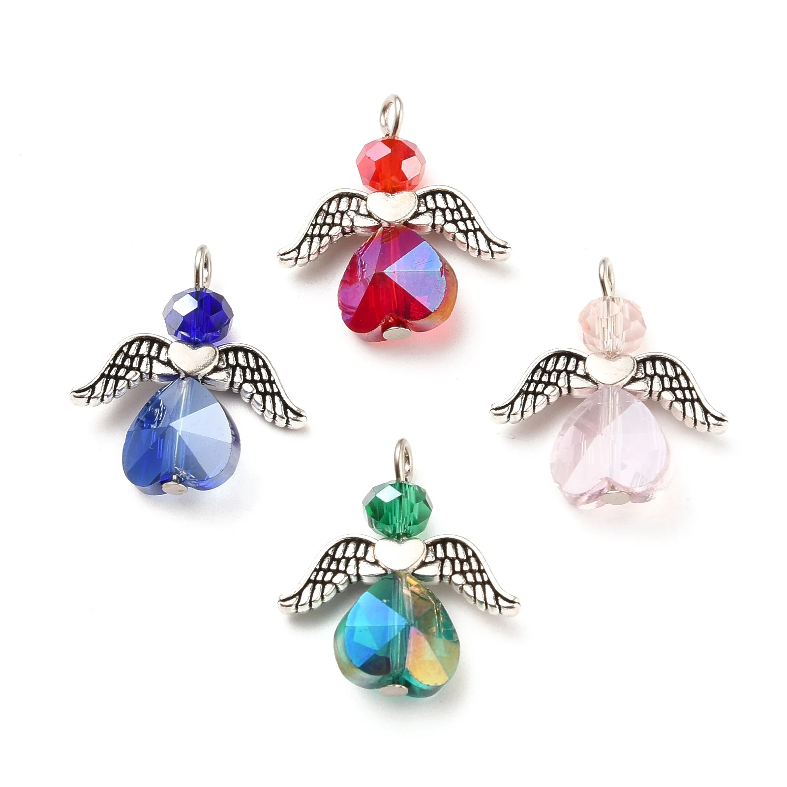 Pandahall 100pcs Mixed Color Angel Electroplate Glass Pendants with Wing Alloy Beads For Necklace Bracelet Jewelry Making Gift