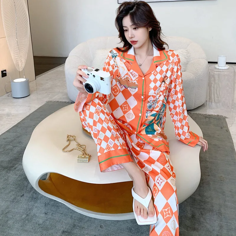 Pajamas Women's Ice Silk Long Sleeve Printed Home Fur Spring and Autumn Thin Imitation Silk Large Set
