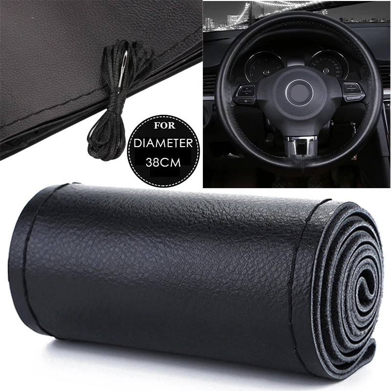 

Durable Practical Steering Wheel Cover Hand Sewing Vehicle Wear Resistant Parts Replacement 15in/37-38cm 1pcs Accessories Black