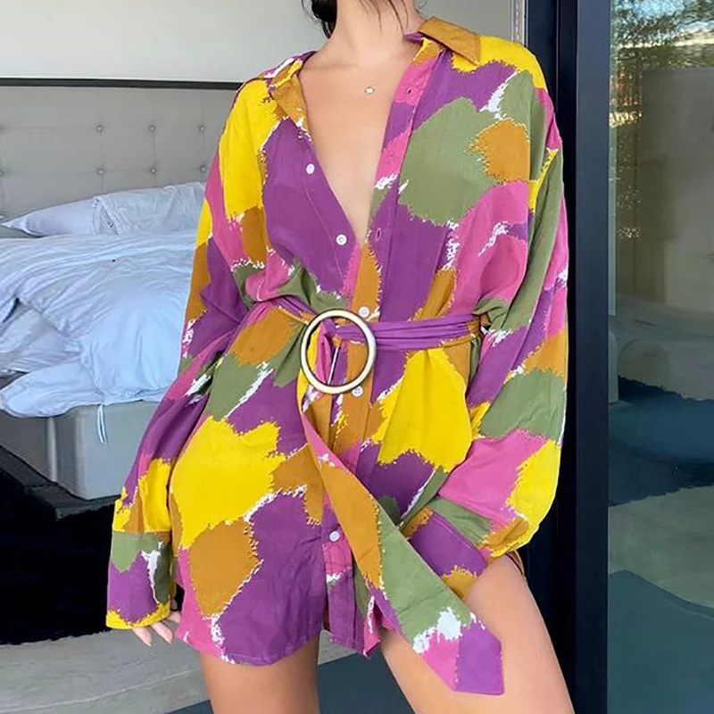 

2021 Floral Print Long-sleeved Dress Women's Lace-up Belted Shirt Beach Summer Spring Sexy V-neck Casual Mini Dress Vacation