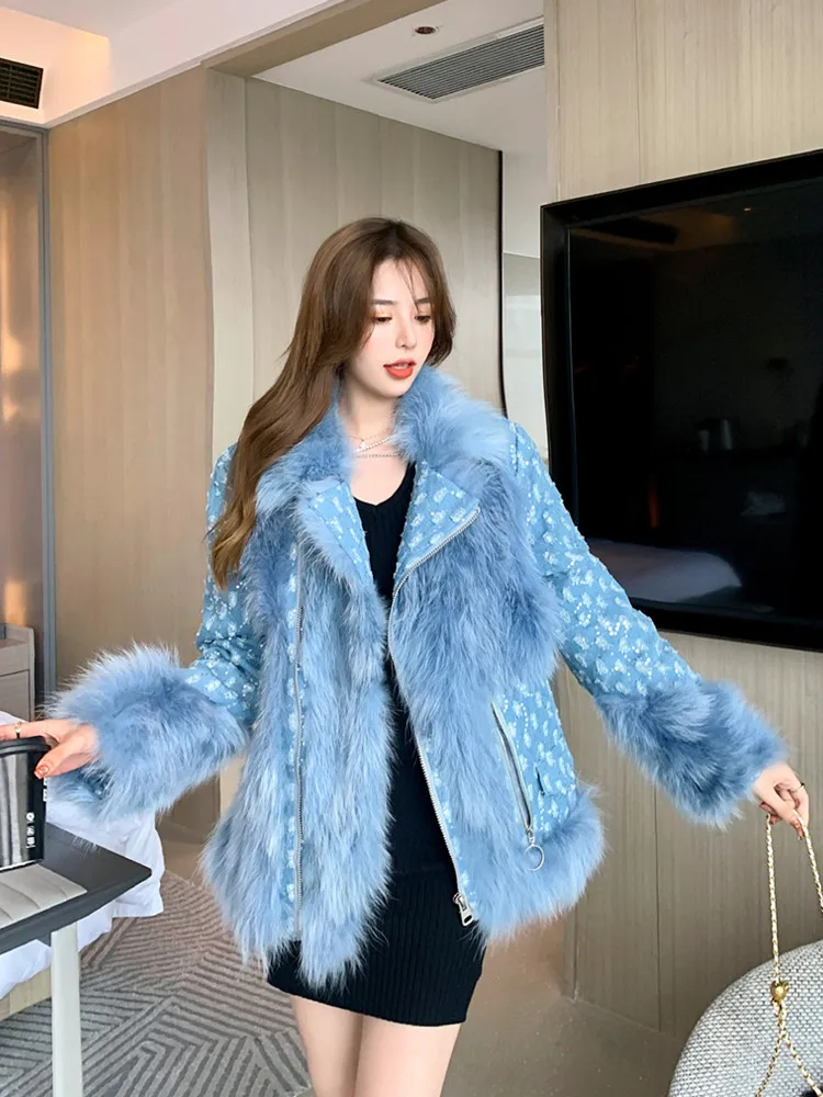 2022 Winter New Faux Fox Fur Denim Splicing Coat Short Thick Warm Cotton-Padded Jacket Korean Style Slimming Fur Coat Parkas