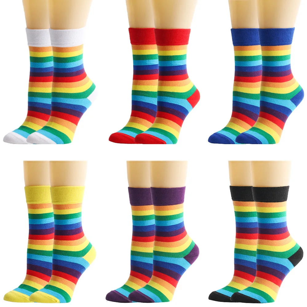 

Women Men's Rainbow Socks Mid Tube Stockings Colorful Striped Sporty Meias Retro Harajuku Casual Cotton Socks Couples Hosiery