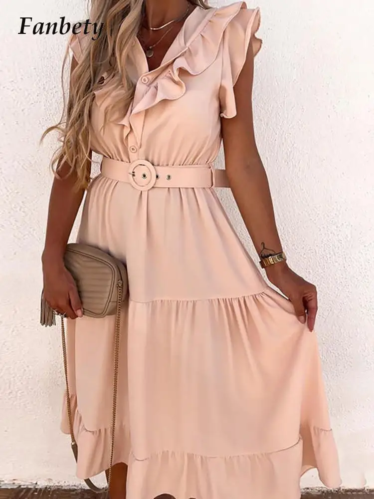 

2022 Elegant Lady Ruffle Slim Shirt Dress With Belt Fashion High Waist Commuter Pink Dress Women Sweet Pleated Long Party Dress