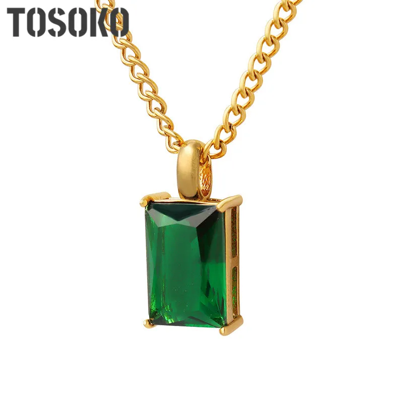 

TOSOKO Stainless Steel Jewelry Square Emerald Zircon Pendant Necklace Women's Fashion Collar Chain BSP1291