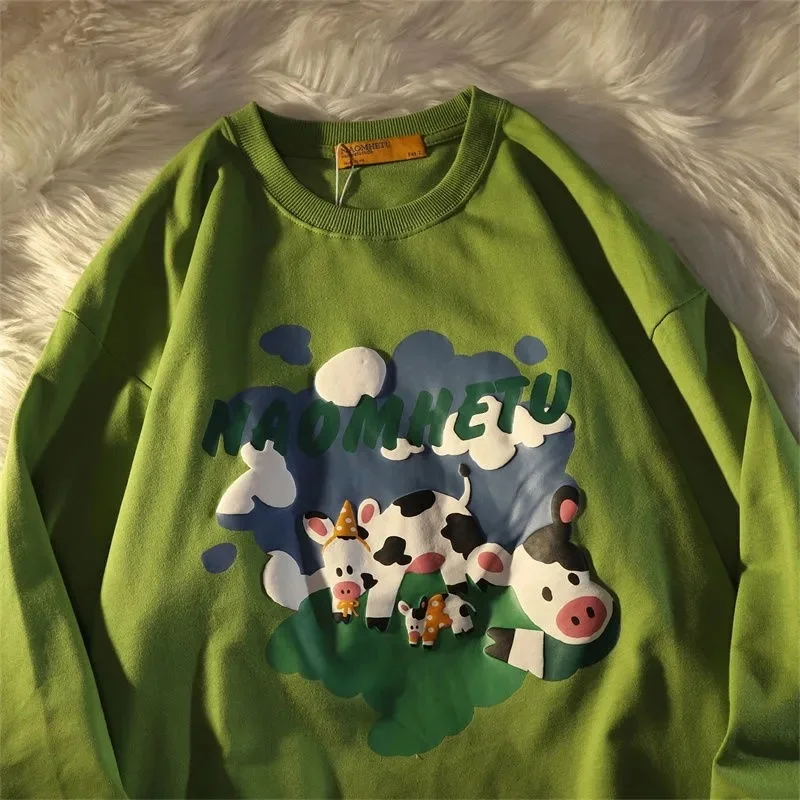 

Женская толстовка с капюшоном, тонкий корейский свитшот с милым принтом коровы, женские толстовки большого размера, топы с длинным рукавом и круглым вырезом для девочек-подростков, осень 2023