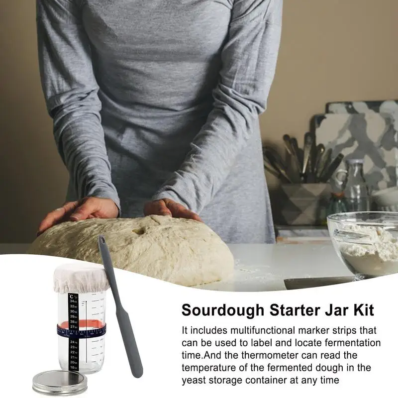 

Sourdough Starter Jar Kit 730ml Heat Resistant Sourdough Starter Container with Scale Thermometer Reusable Glass Fermenters Jars