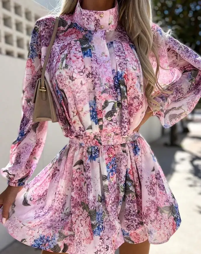 

Jumpsuit Women 2022 Elegant Fashion Floral Print Lantern Sleeve Buttoned High Neck Long Sleeve Daily Above Knee Romper