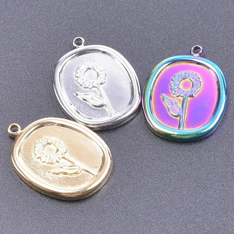 

1/3Pcs Oval Seal Flower Dandelion Chrysanthemum Daisy Pattern Stainless Steel Silver Color Pendant Charms For Making Jewelry