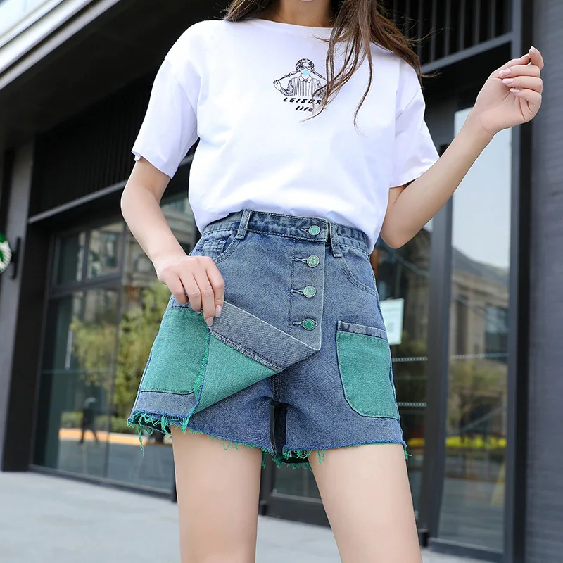 Multi-button Patchwork Shorts Skirts Women Summer Fashion Casual Loose Denim Shorts Green Fake Two Peice High Waist A-Line Jeans