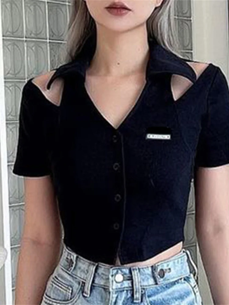 

Vintage Design Sense Knitted Breasted V-neck Slim Fit Short Navel Exposed T-Shirt Top Women's 2022 Summer New Woman T-shirts Emo