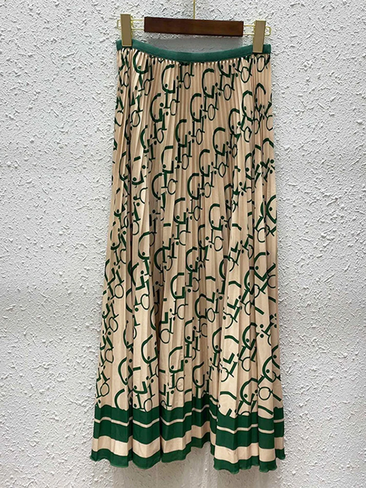 

2022 Spring Summer Vintage Skirt Women High Waist Green Gray Coffee Slim Pleates Fashion Printed Elegant Long