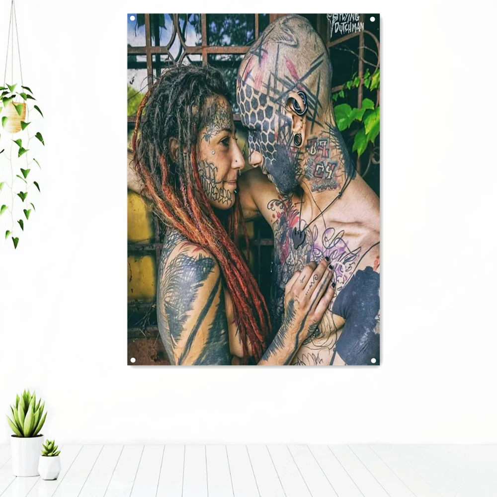 

Full Body Tattoo Couple Art Poster Wall Hanging Flag Old School Tattoo Artworks Tapestry Vintage Room Wall Decor Painting Banner