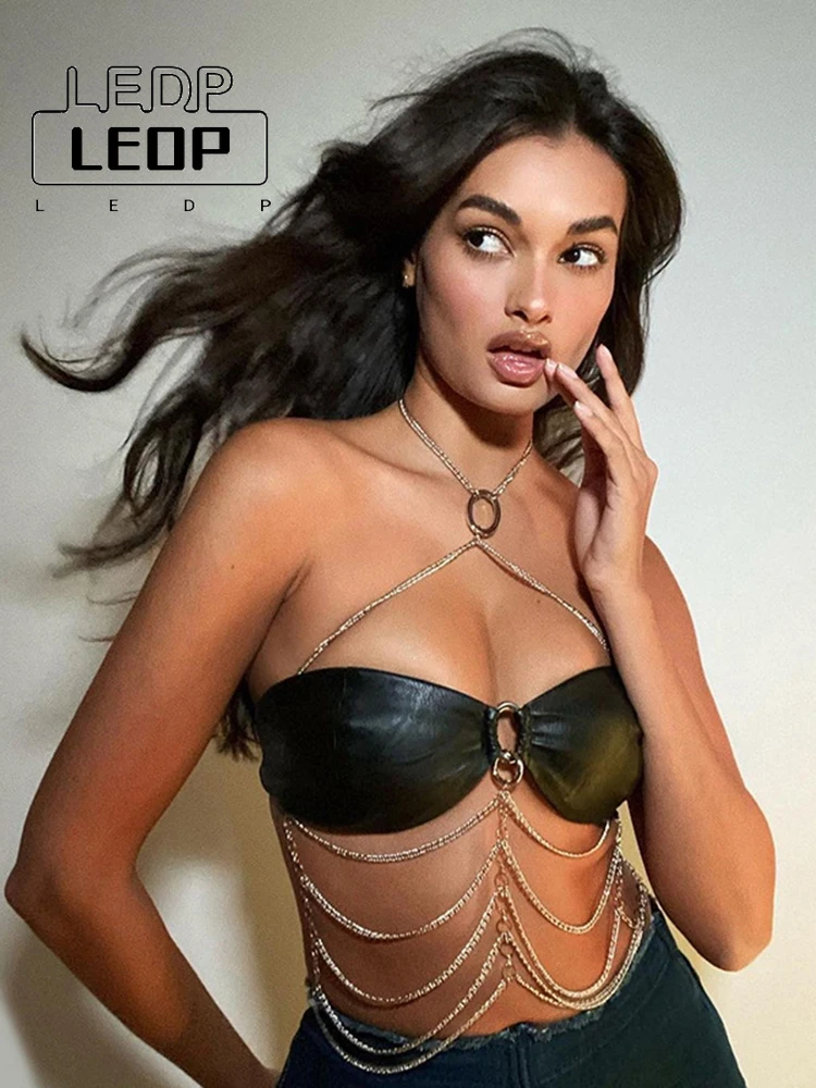 

LEDP Wrap Chest PU Leather Top Chain Strapless Backless Crop Top Sexy Clothing Women's Chest Binder Summer Tank Top Bra Tank Top