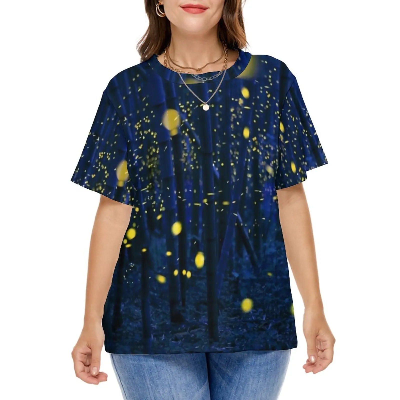 Night Forest T Shirt Fireflies Print Elegant T-Shirts Short Sleeves Casual Tee Shirt Beach Pattern Clothes Plus Size 7XL 8XL