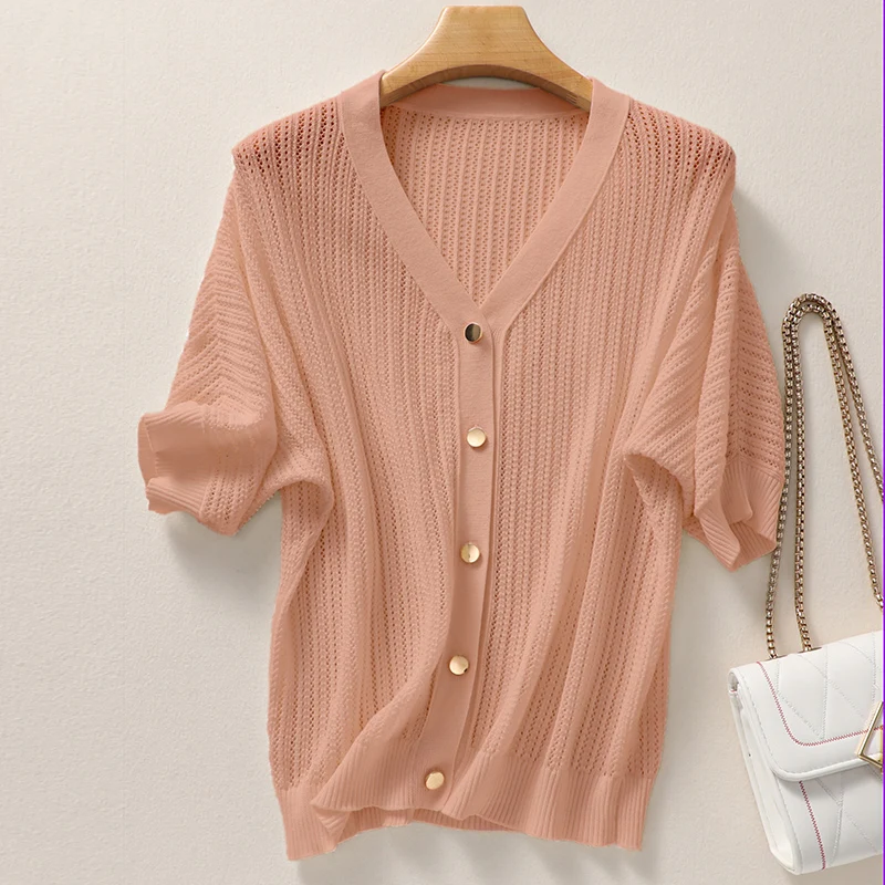 

100% Pure Cotton Knitted Cardigan Female V-Neck Short-sleeved Thin Jacket Summer Women Fashion Solid Shirt Hollow Out Tops