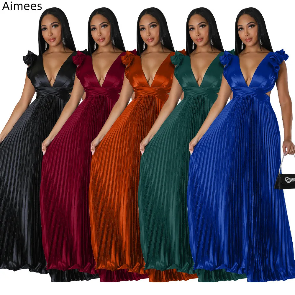 

2023 New Satin Pleats Sexy Party Dress Deep V Neck Ruffles Short Sleeves Lace-up Backless A Line Casual Dresses