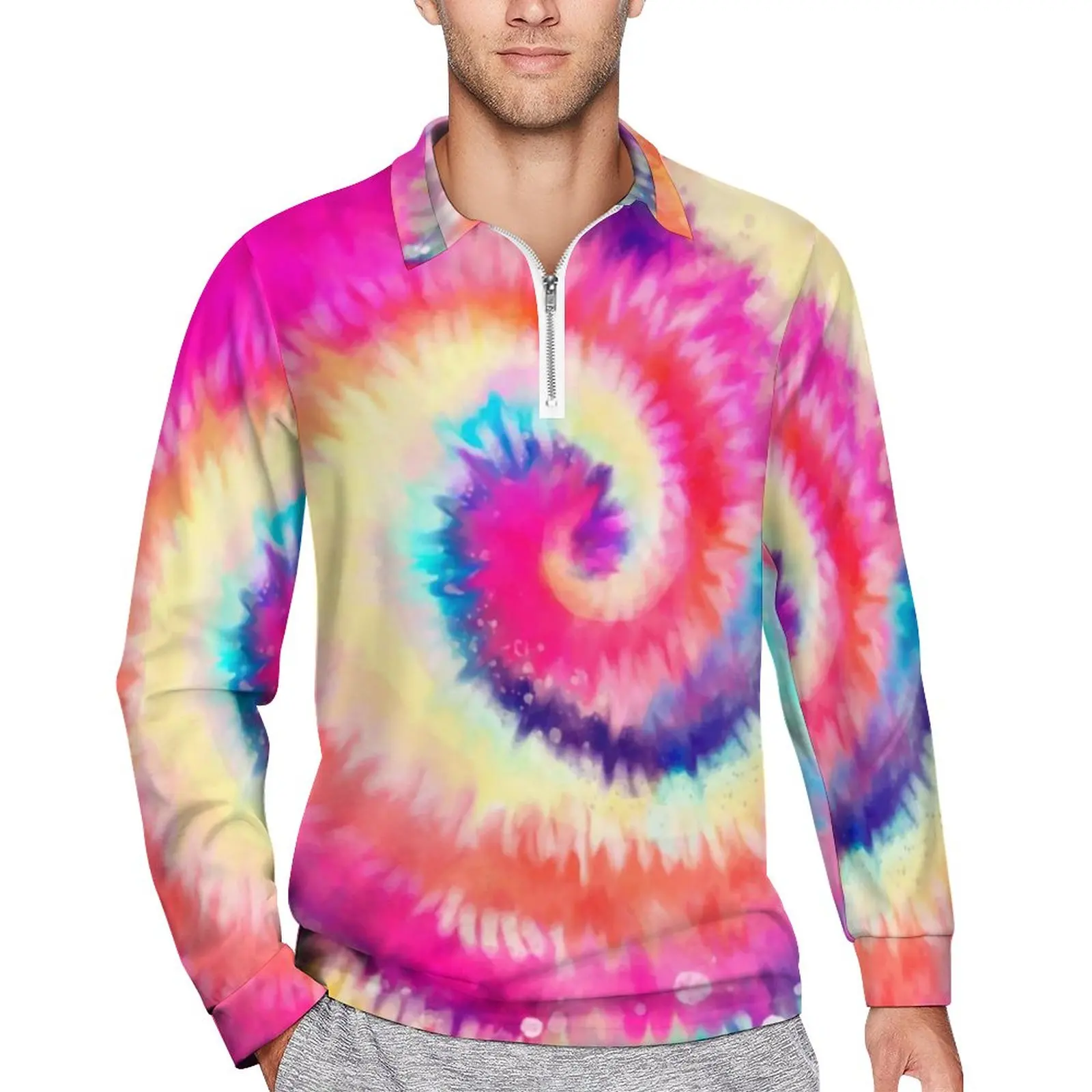 

Rainbow Swirl Polo Shirts Men Ombre Tie Dye Casual Shirt Spring Cool Collar T-Shirts Long Sleeve Design Oversized Clothing