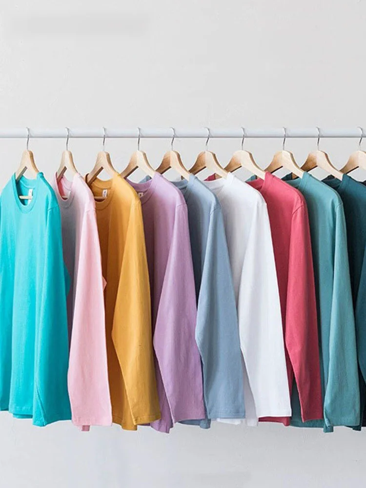 

KANNISAK Spring Autumn Womens T-shirts Long Sleeve 220g Quality 100% Cotton Casual Harajuku Solid O-neck Oversized Couple Tshirt