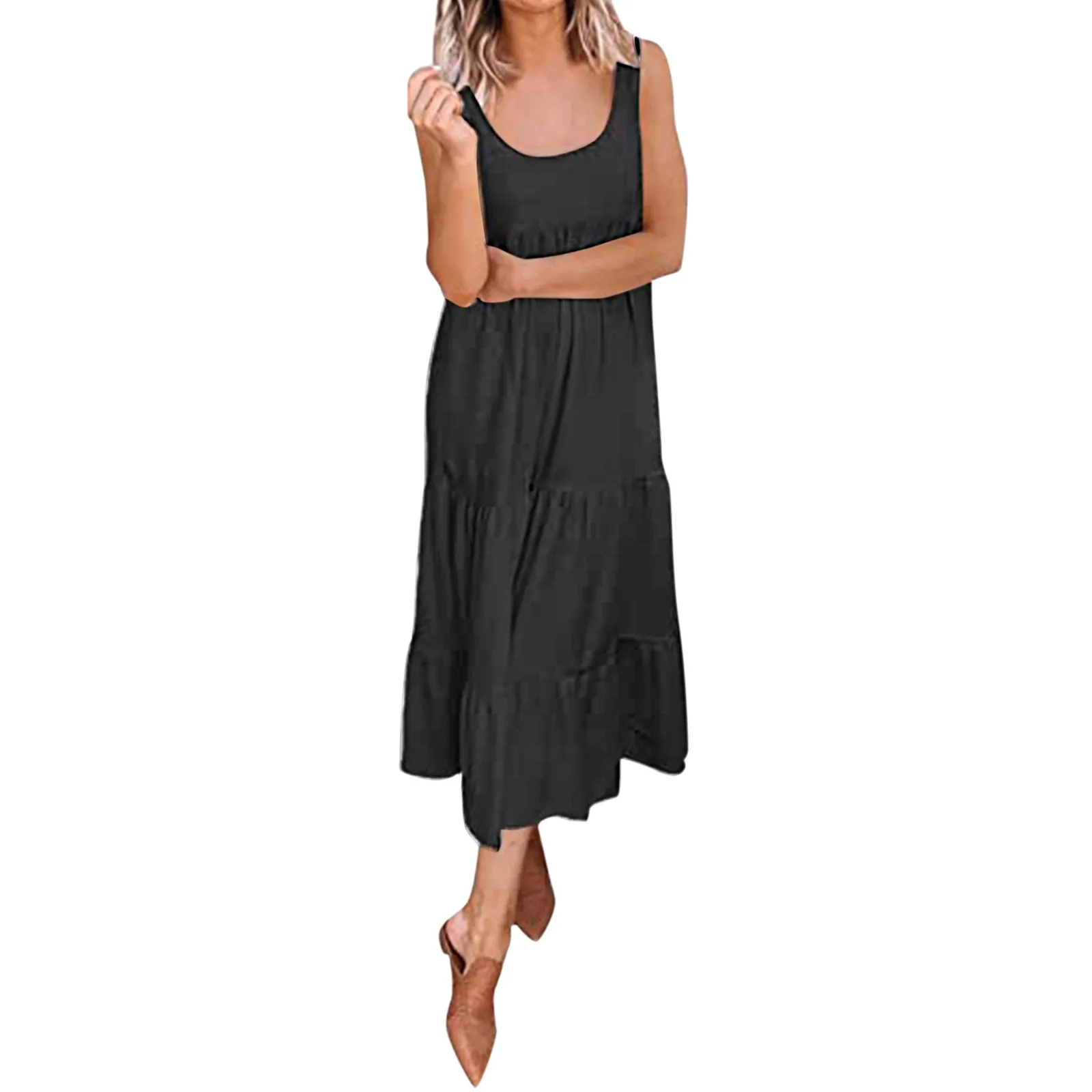 

Women Solid Color Sleeveless Scoop Neck Casual Dresses Loose Soft Pleated Flowy Swing Summer Beach Maxi Tank Dress With Pockets