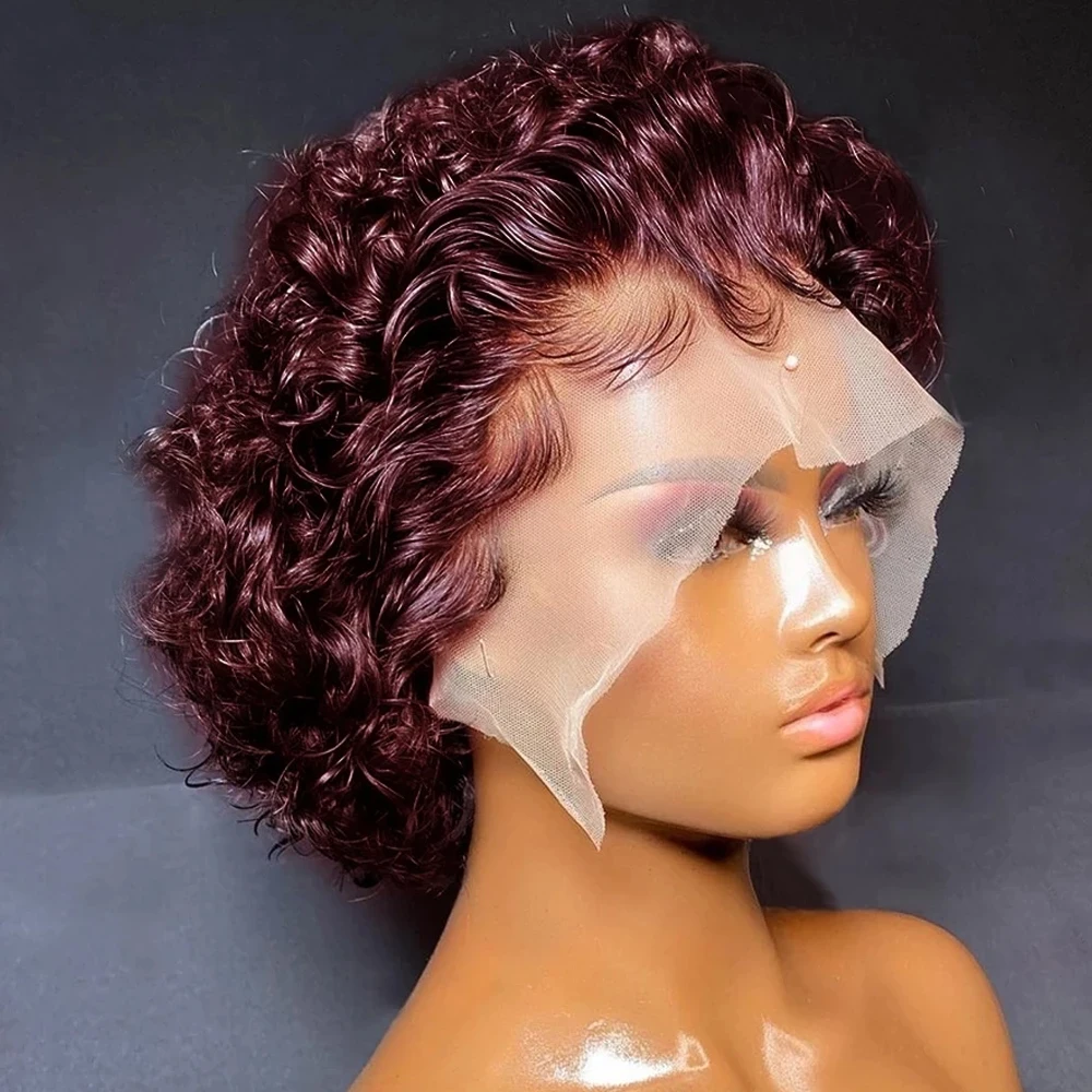 

13x1 Lace Front Wigs Short Curly Human Hair Wig Pixie Cut Bob Glueless Wigs Brazilian Remy 99J Burgundy 180% Density for Women