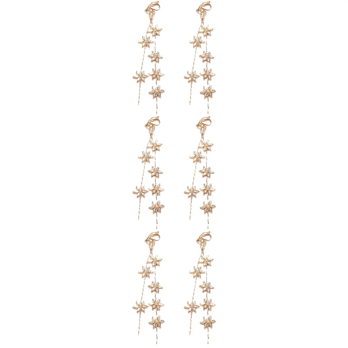 

3 Pairs of No Glass Rhinestone Stud Earring Bridal Flower Dangle Ear Clips Wedding Party Jewelry for Women Bride