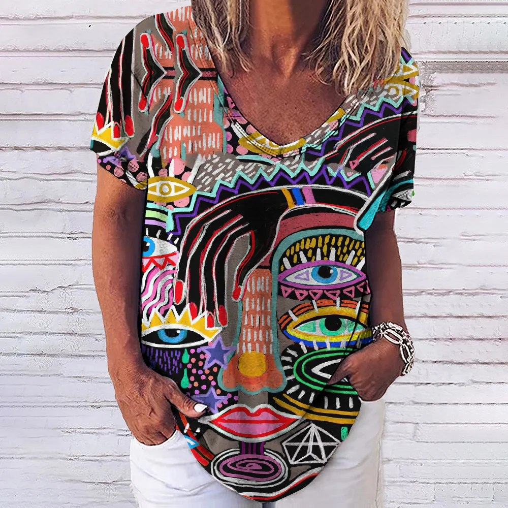 

Graffiti Style Women's T-Shirt Abstract Face Print Short Sleeve Casual V-Neck Tees For Ladies Summer Female Loose Pullover Tops